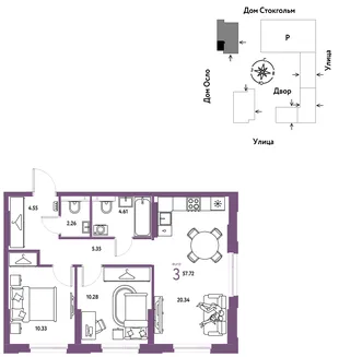 Планировка 3-комн. квартира, 57.72 м² ЖК «Европейский берег 2.0»