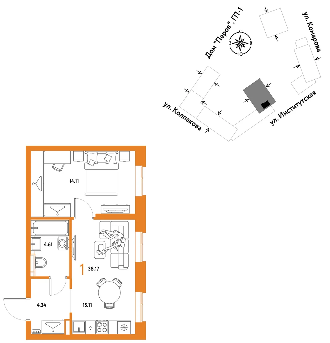Планировка 1-комн. квартира, 38.17 м² ЖК «Страна.Парковая»