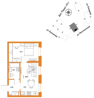Планировка 1-комн. квартира, 38.17 м² ЖК «Страна.Парковая»
