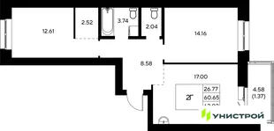 Планировка 2-комн. квартира, 62.02 м² ЖК «Царёво City»