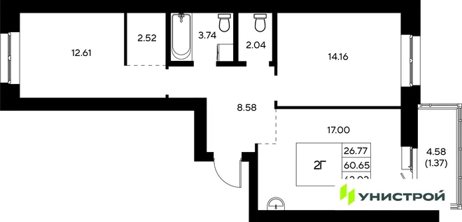 Планировка 2-комн. квартира, 62.02 м² ЖК «Царёво City» Планировка 2-комн. квартира, 62.02 м² ЖК «Царёво City»