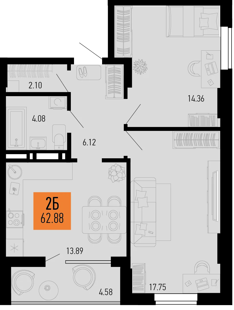 Планировка 2-комн. квартира, 62.88 м² ЖК «Столицыно»