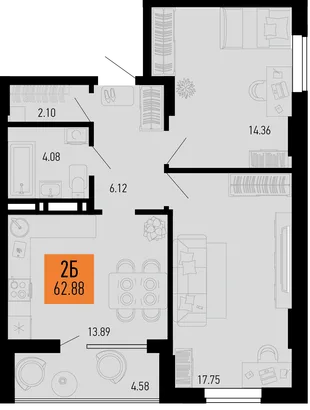 Планировка 2-комн. квартира, 62.88 м² ЖК «Столицыно»