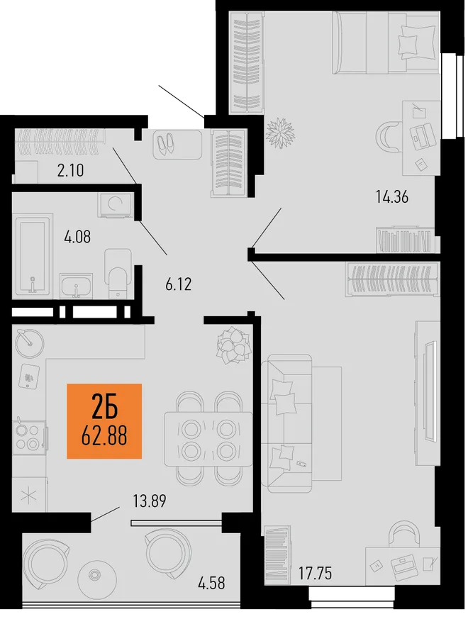 Планировка 2-комн. квартира, 62.88 м² ЖК «Столицыно» Планировка 2-комн. квартира, 62.88 м² ЖК «Столицыно»