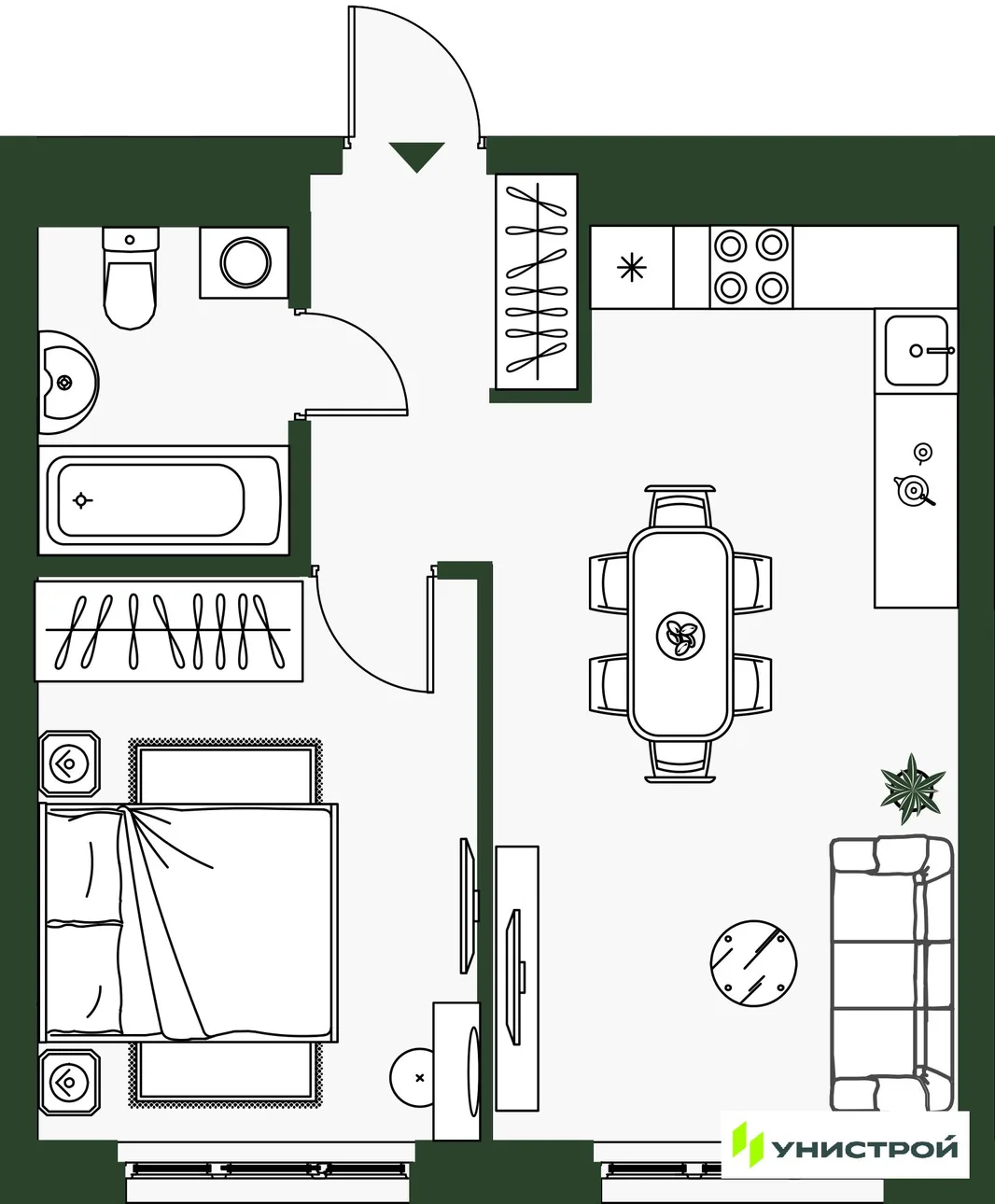 Планировка 1-комн. квартира, 39.14 м² ЖК «Парковый квартал 2.0»
