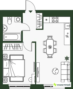 Планировка 1-комн. квартира, 39.14 м² ЖК «Парковый квартал 2.0»