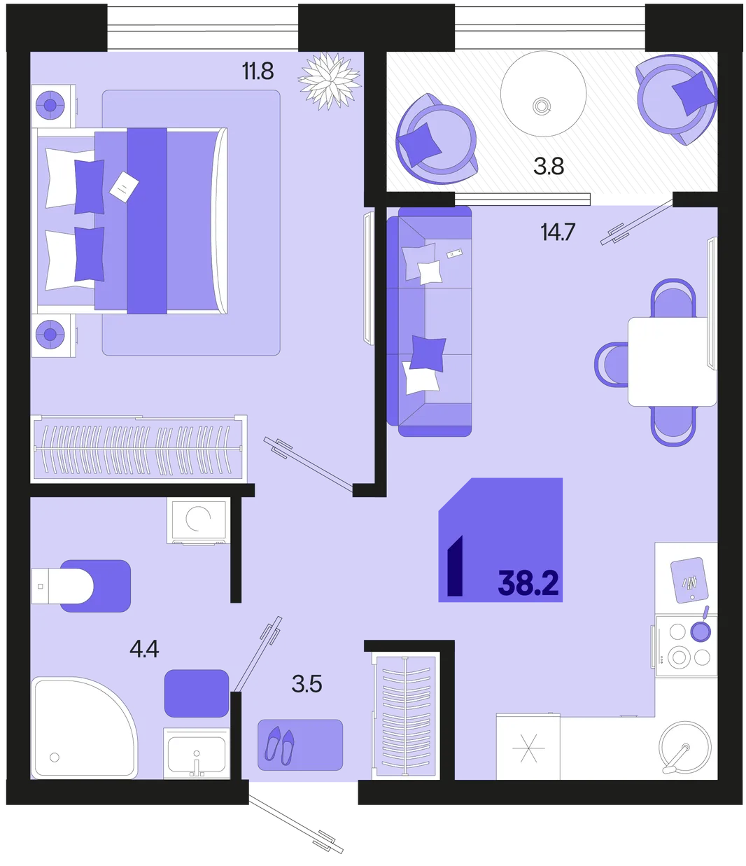 Планировка 1-комн. квартира, 38.2 м² ЖК «Первое место»