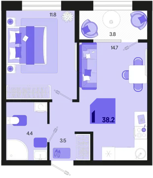 Планировка 1-комн. квартира, 38.2 м² ЖК «Первое место»