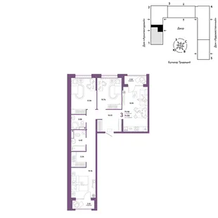 Планировка 3-комн. квартира, 79.98 м² ЖК «Микрорайон Домашний»