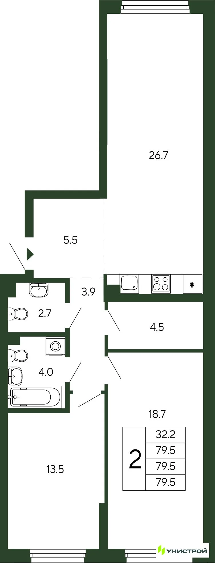 Планировка 2-комн. квартира, 79.5 м² ЖК «Парковый квартал 2.0»