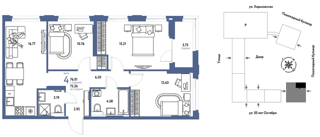 Планировка 4-комн. квартира, 76.01 м² ЖК «Сердце Сибири»