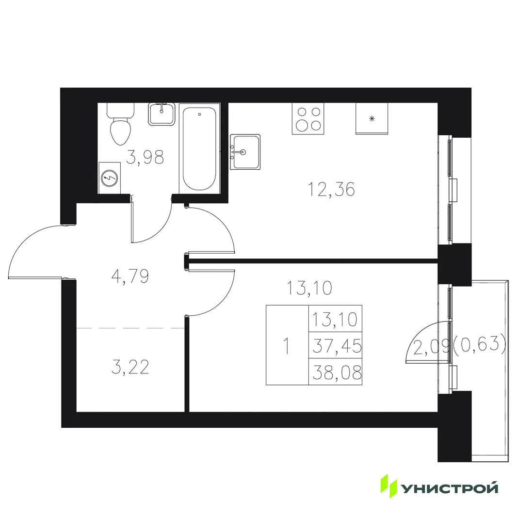 Планировка 1-комн. квартира, 38.08 м² ЖК «Statum»