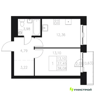 Планировка 1-комн. квартира, 38.08 м² ЖК «Statum»