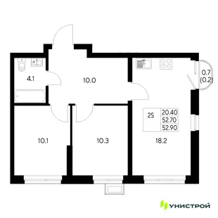 Планировка 2-комн. квартира, 52.9 м² ЖК «Стадиум»