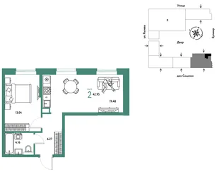 Планировка 2-комн. квартира, 42.95 м² ЖК «Остров-сад»