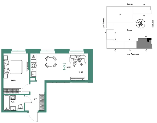 Планировка 2-комн. квартира, 42.95 м² ЖК «Остров-сад» Планировка 2-комн. квартира, 42.95 м² ЖК «Остров-сад»