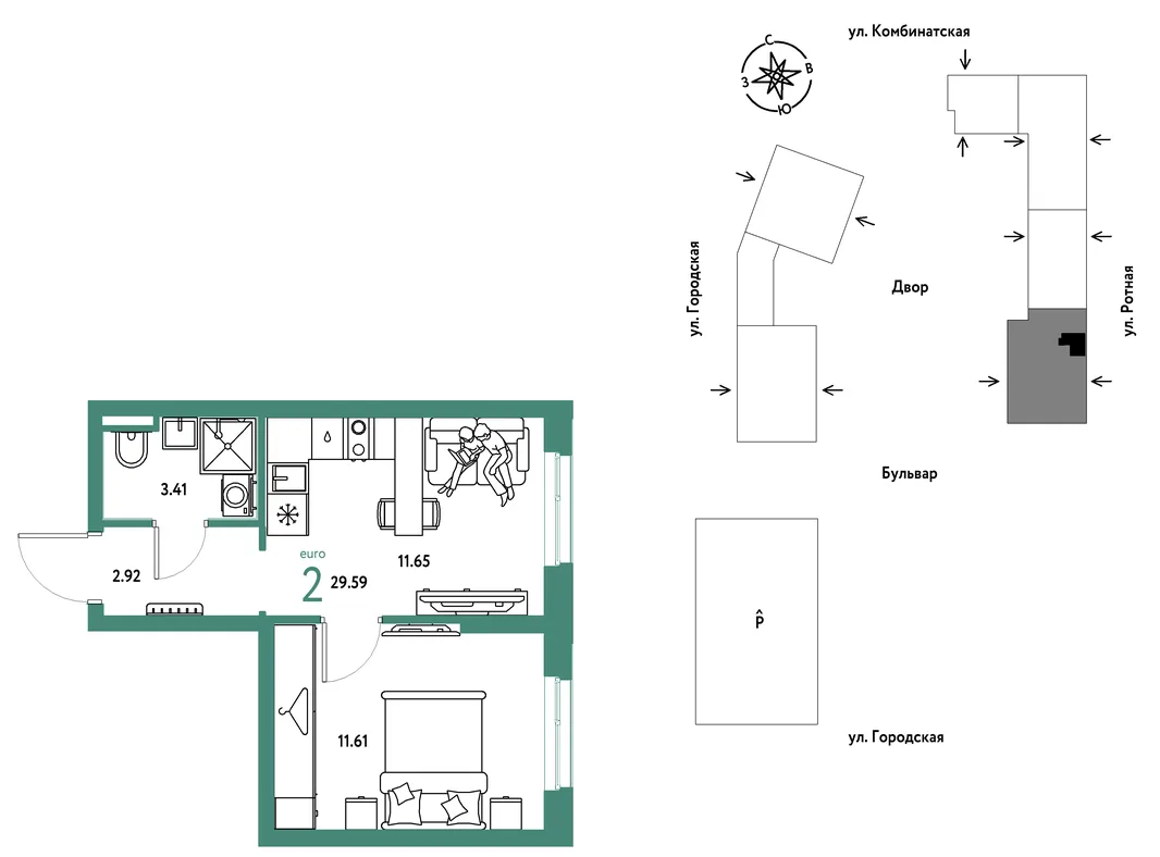 Планировка 2-комн. квартира, 29.59 м² ЖК «Уральский сад»