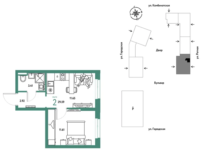 Планировка 2-комн. квартира, 29.59 м² ЖК «Уральский сад» Планировка 2-комн. квартира, 29.59 м² ЖК «Уральский сад»