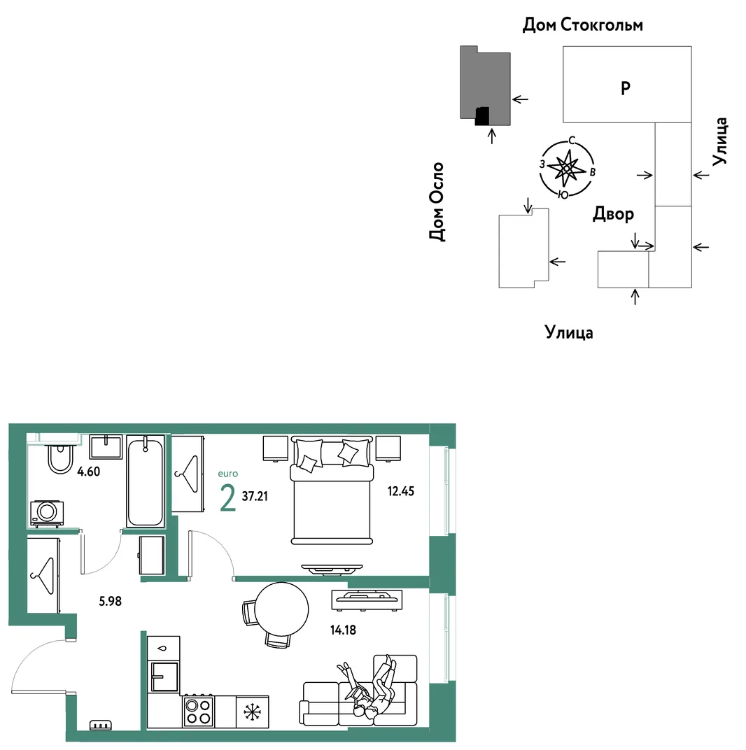 Планировка 2-комн. квартира, 37.22 м² ЖК «Европейский берег 2.0»