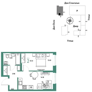 Планировка 2-комн. квартира, 37.22 м² ЖК «Европейский берег 2.0»