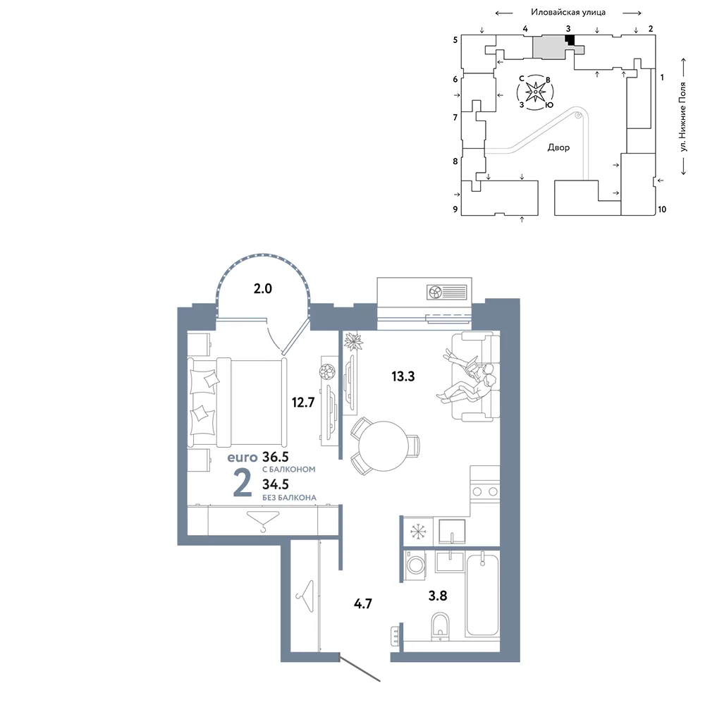 Планировка 2-комн. квартира, 36.5 м² ЖК «Страна.Заречная»