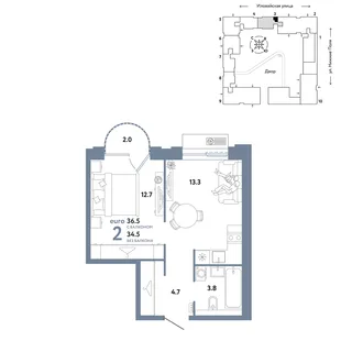 Планировка 2-комн. квартира, 36.5 м² ЖК «Страна.Заречная»