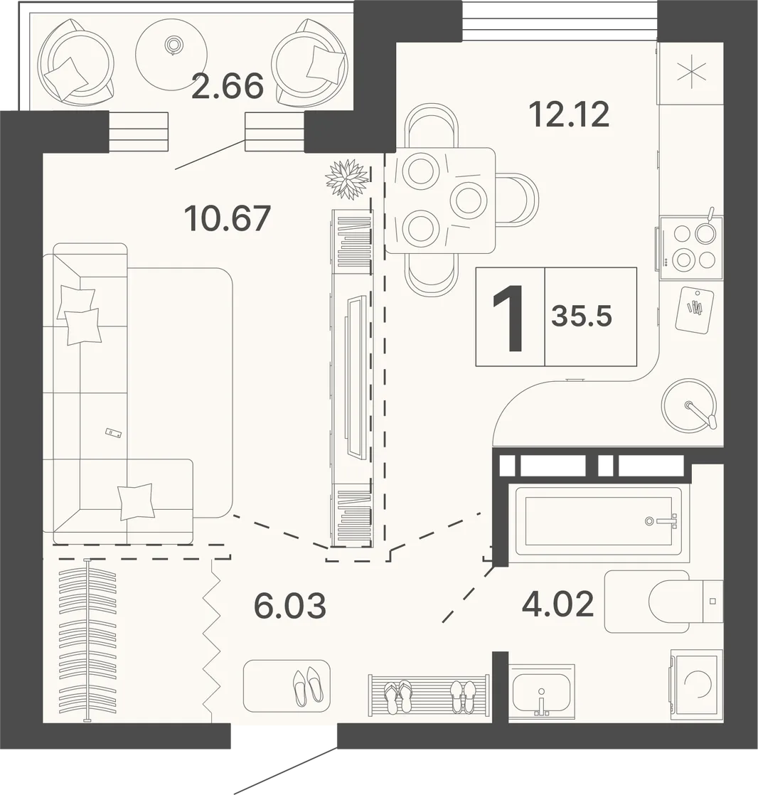 Планировка 1-комн. квартира, 35.5 м² ЖК «Светский лес»