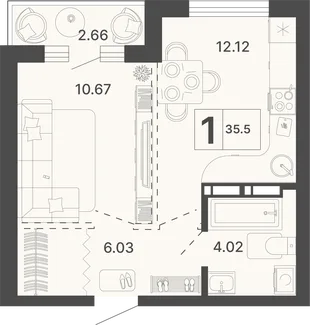 Планировка 1-комн. квартира, 35.5 м² ЖК «Светский лес»