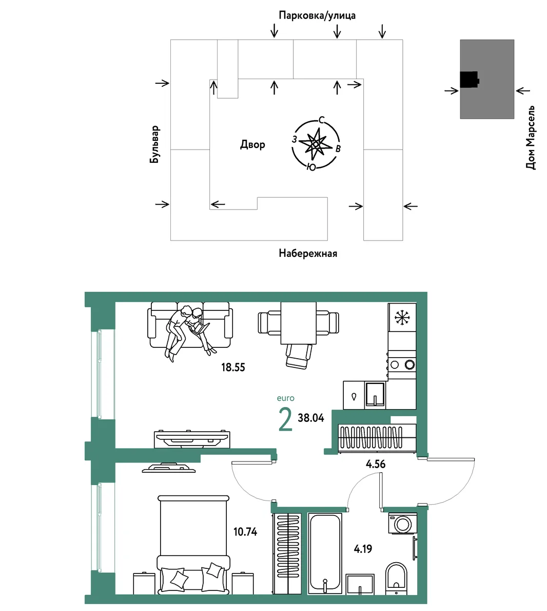 Планировка 2-комн. квартира, 38.04 м² ЖК «Европейский берег 2.0»