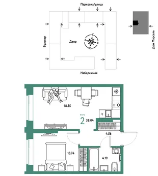 Планировка 2-комн. квартира, 38.04 м² ЖК «Европейский берег 2.0»