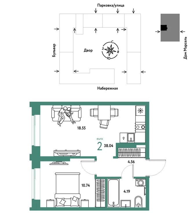 Планировка 2-комн. квартира, 38.04 м² ЖК «Европейский берег 2.0» Планировка 2-комн. квартира, 38.04 м² ЖК «Европейский берег 2.0»