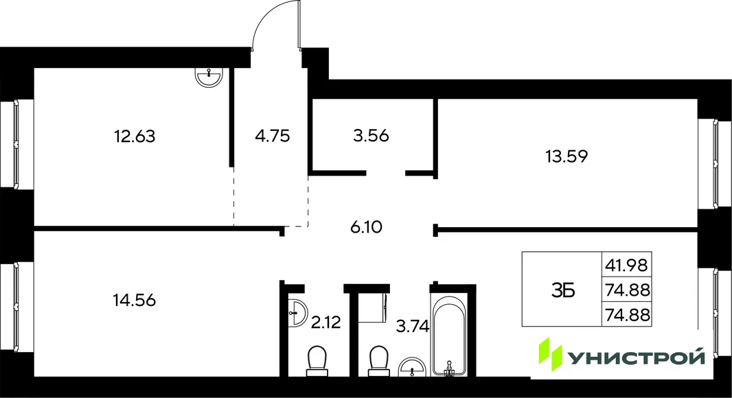 Планировка 3-комн. квартира, 74.88 м² ЖК «Царёво City»