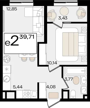 Планировка 2-комн. квартира, 39.71 м² ЖК «Патрики»