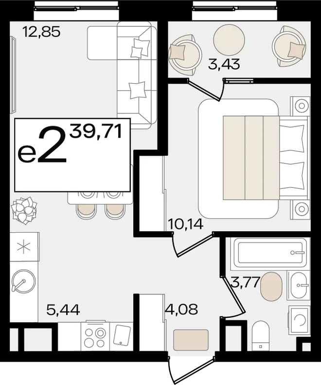 Планировка 2-комн. квартира, 39.71 м² ЖК «Патрики»