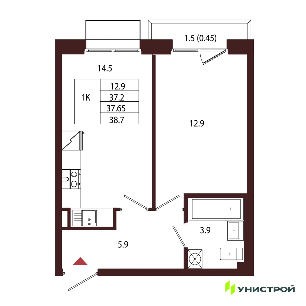 Планировка 1-комн. квартира, 37.65 м² ЖК «Лисино»