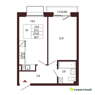 Планировка 1-комн. квартира, 37.65 м² ЖК «Лисино»
