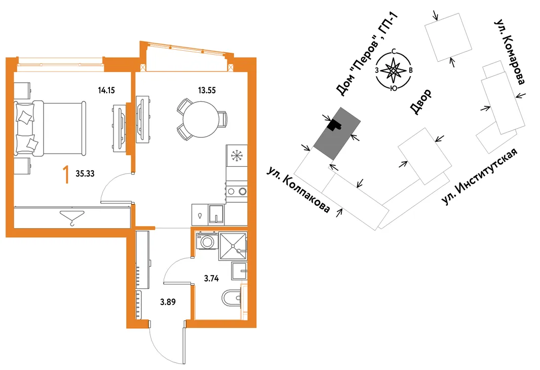 Планировка 1-комн. квартира, 35.33 м² ЖК «Страна.Парковая»