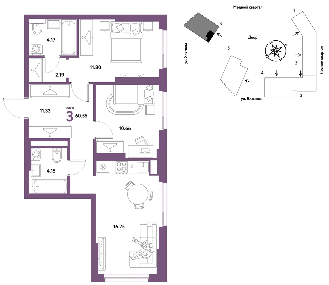 Планировка 3-комн. квартира, 60.55 м² ЖК «Сибирский сад»
