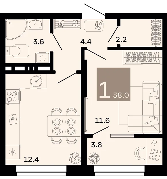 Планировка 1-комн. квартира, 38 м² ЖК «Хозяин морей»