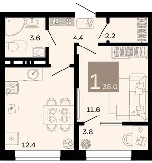 Планировка 1-комн. квартира, 38 м² ЖК «Хозяин морей»