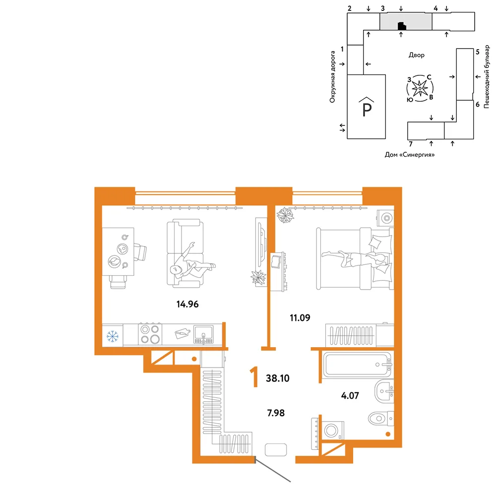 Планировка 1-комн. квартира, 38.1 м² ЖК «Юнион»