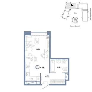 Планировка Студия, 28.09 м² ЖК «Микрорайон Домашний»