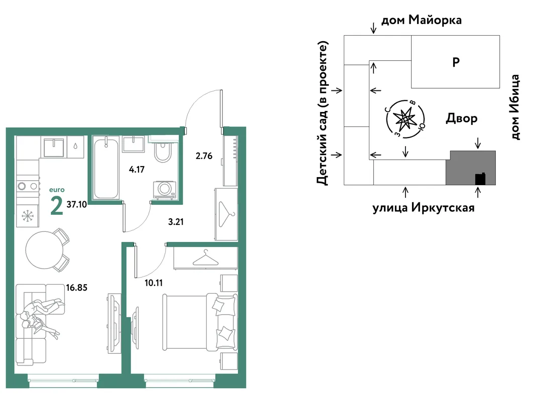 Планировка 2-комн. квартира, 37.1 м² ЖК «Остров-сад»
