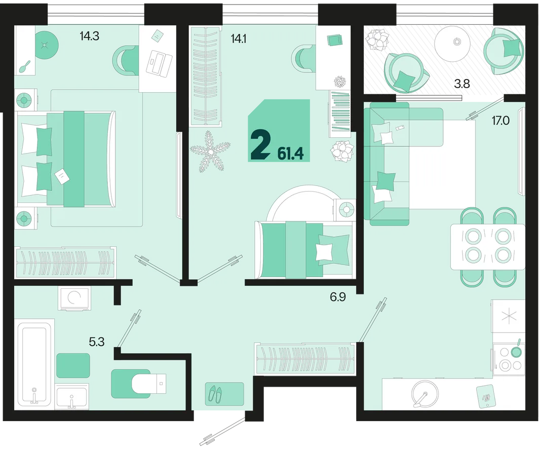 Планировка 2-комн. квартира, 61.4 м² ЖК «Первое место»