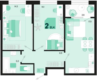 Планировка 2-комн. квартира, 61.4 м² ЖК «Первое место»