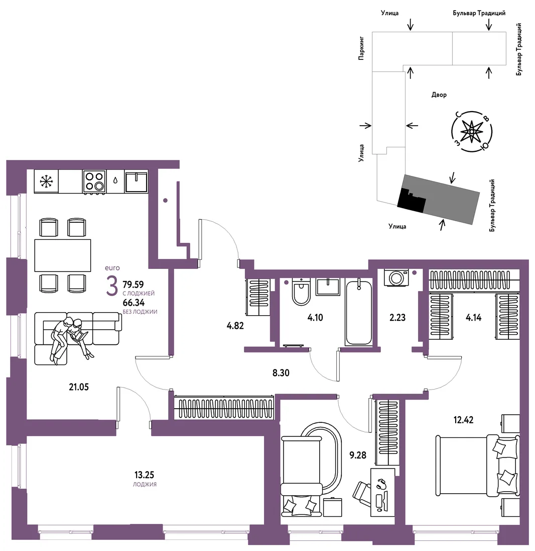 Планировка 3-комн. квартира, 79.59 м² ЖК «Микрорайон Домашний»