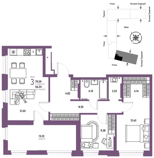 Планировка 3-комн. квартира, 79.59 м² ЖК «Микрорайон Домашний»