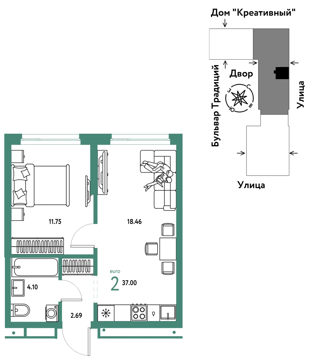 Планировка 2-комн. квартира, 37 м² ЖК «Микрорайон Домашний»
