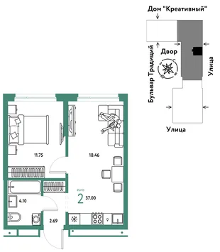 Планировка 2-комн. квартира, 37 м² ЖК «Микрорайон Домашний»