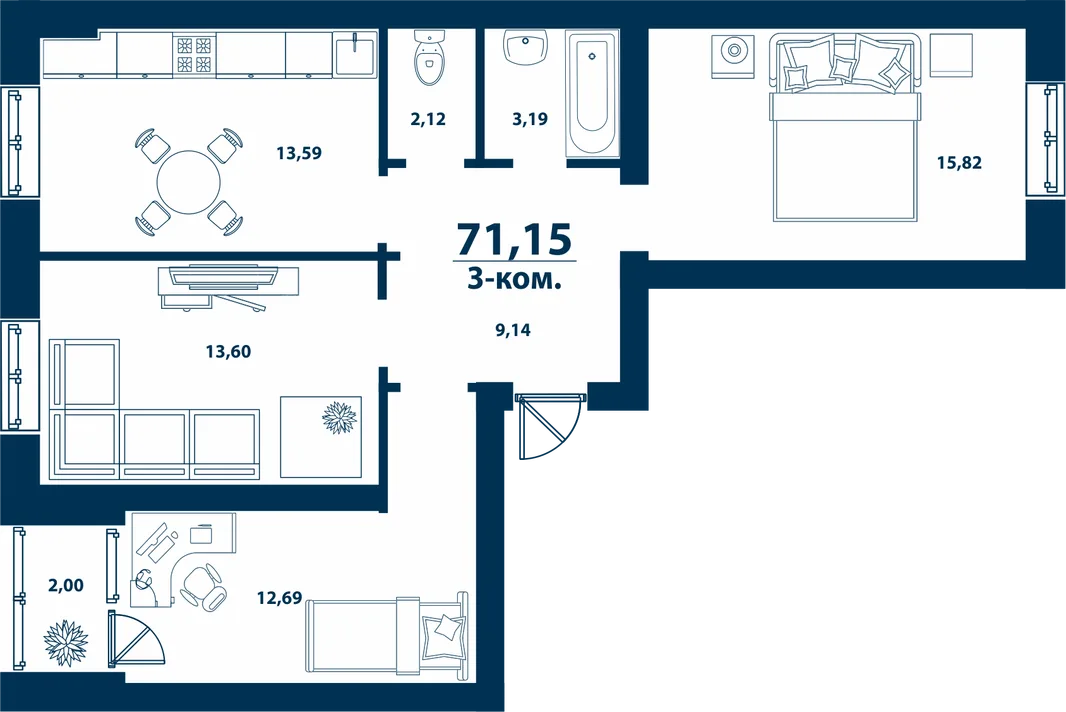 Планировка 3-комн. квартира, 71.15 м² ЖК «Город природы»